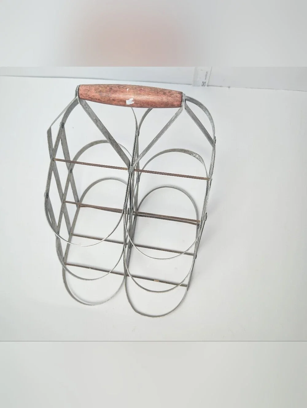 Vintage Authentic French Metal Bottle Carrier Galvanized Metal w Wooden‎ Handle
